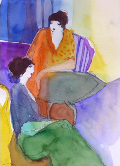 Itzchak Tarkay Portraiture Untitled Watercolor 1990 IT317